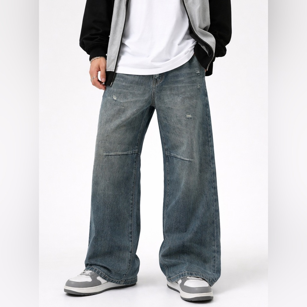 Starred Baggy Flared Wide Leg Denim Blue Distressed